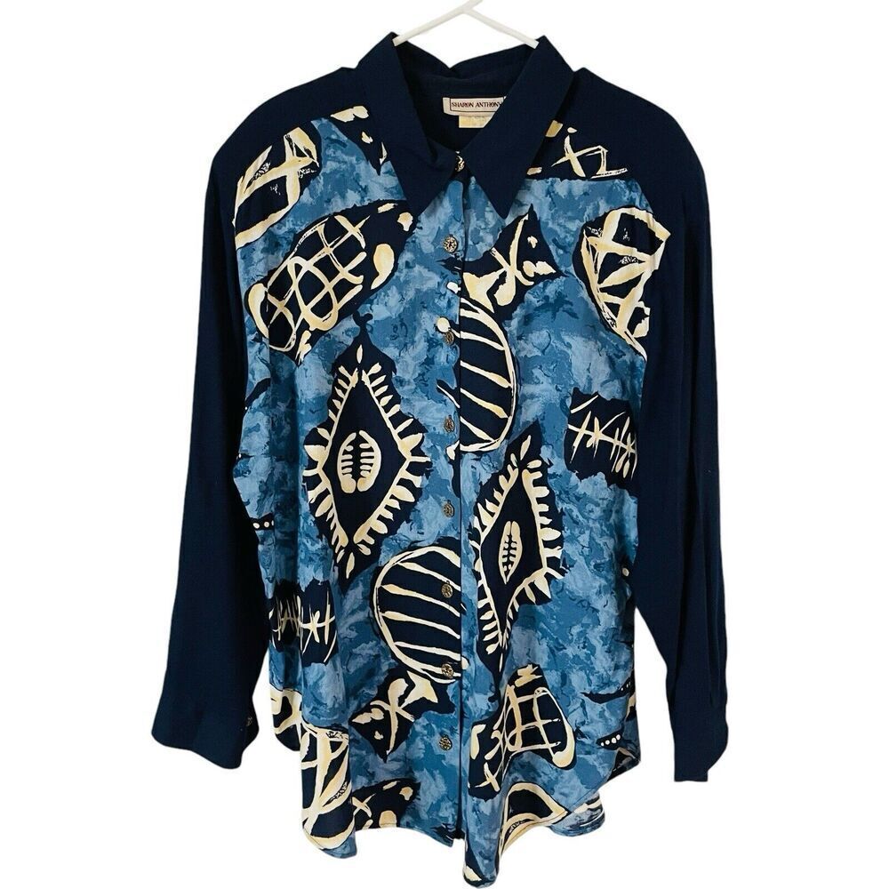 Vintage Sharon Anthony Artsy Blouse Shirt Womens 18W Blue Abstract Art to Wear